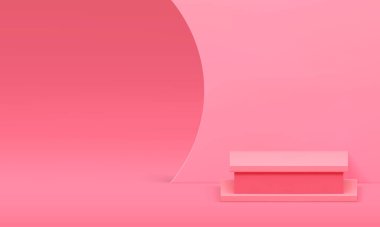 Pembe 3d podyum tanıtım odası tanıtım alanı ürün sunumu için gerçekçi vektör illüstrasyonu. Zarif kadınsı kare kaidesel geometrik vitrin ve eğri duvar arkaplanı
