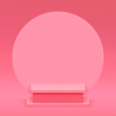 Pembe 3d kare podyum kaidesi ve daire duvar arkaplanı gerçekçi vektör illüstrasyonunu göstermek için modelleniyor. Zarif moda geometrik ekran kadınsı ticari vitrin kozmetik ürün sunumu