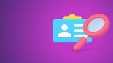Analyzing multipropose clipboard business card corporate identification with personal information avatar 3d icon isometry vector. Magnifying glass looking for staff badge for security access