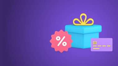 Seasonal shopping sale with festive gift box bow and credit card for payment 3d icon isometric vector illustration. Black friday consumerism retail with percentage discount purchase merchandise