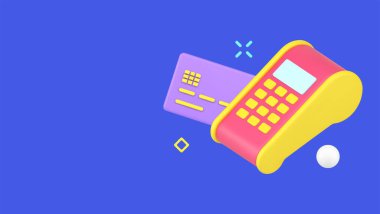 POS terminal for e payment with credit debit card e commerce banking electronic device 3d isometric vector illustration. Financial business retail digital electronic device purchase paying isolated