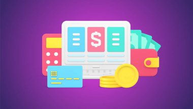 Paper investment document budget calculation with payment, debit and credit 3d icon isometric vector illustration. Accountant work with money coin cash dollar currency, wallet, calculator and card
