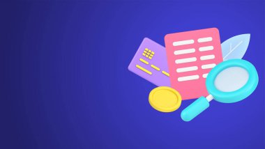 Searching information at document agreement of regular payment with magnifying glass 3d icon isometric vector illustration. Banking application for finding online or cash paying data with credit card