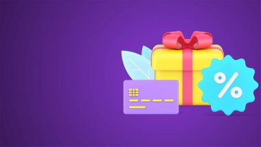 Seasonal sale, discount, black friday concept 3d icon isometric vector illustration. Bright wrapped festive gift box with bow ribbon and credit card for e money contactless payment, percentage symbol