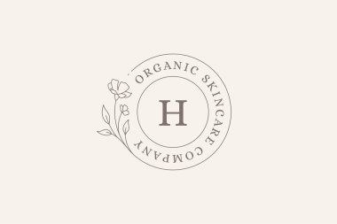 Tomurcuklu ve yapraklı zarif çayır çiçeği çember çerçeve logo tasarımı şablon çizimi illüstrasyonu. Romantik çiçek açan doğal bitki amblemi ekoloji cilt bakımı kozmetik güzellik kozmetolojisi