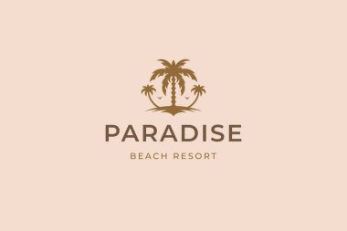 Paradise Beach tatil beldesi palmiye ağacı tropikal ada yaz tatili logosu tasarım şablonu çizimi. Egzotik seyahat turizm acentesi deniz manzarası silueti marka amblemi