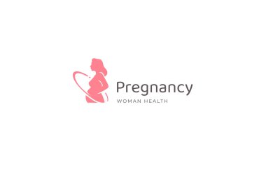 Hamile kadın pembe silueti. Hamilelik sağlık sigortası, logo tasarımı, vektör illüstrasyonu. Karnında doğum yapan bir kadın. Klinik hizmeti için sağlıklı annelik amblemi.