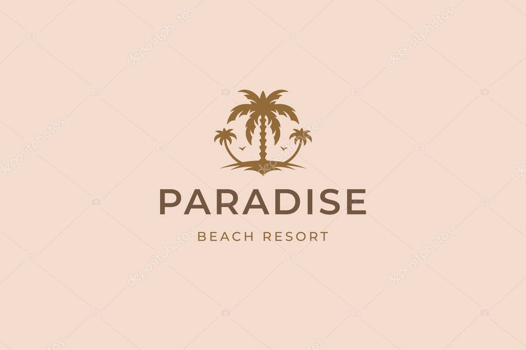 Paradise beach resort palm tree tropical island summer travel vacation logo design template vector illustration. Exotic journey tour tourism agency sea ocean landscape silhouette brand emblem