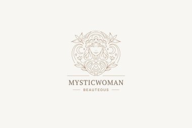 Çiçekli sihirli kadın portresi kutsal fantezi siluet çizgisi sanat logosu tasarımı şablon çizimi çizimi. Gizemli ruhani kadın yüzü botanik süslenmiş güzellik kaplıcası kuaför salonu.