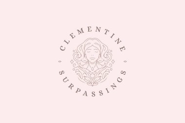 Fantezi rüya kadın portresi, çiçekli süslü çizgi logosu tasarımı, vektör illüstrasyonu. Spa cilt bakımı organik kozmetik güzellik için romantik gizemli dişi çiçek amblemi