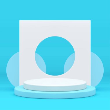 3d podyum kaidesi açık mavi ekran geometrik duvar arkaplan gerçekçi vektör illüstrasyonlu. Moda pastel reklamcılık showroom silindiri ürün sunumu için çerçeve ile ayakta duruyor