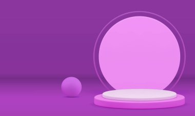 Mor 3d podyum kaidesel geometrik ekran ürün için modelleme gerçekçi vektör illüstrasyonunu gösterir. Mor showroom beyaz silindir ayakta daire duvar arkaplanı ve dekoratif küre