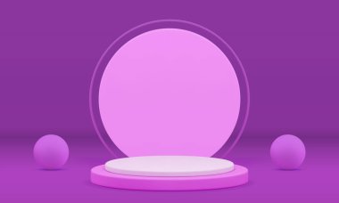 Eflatun silindir 3d podyum kaidesi yuvarlak duvar arkaplanı gerçekçi vektör illüstrasyonuyla. Mor showroom ticari reklam sergisi. Ürün satış gösterisi için küreyle birlikte.