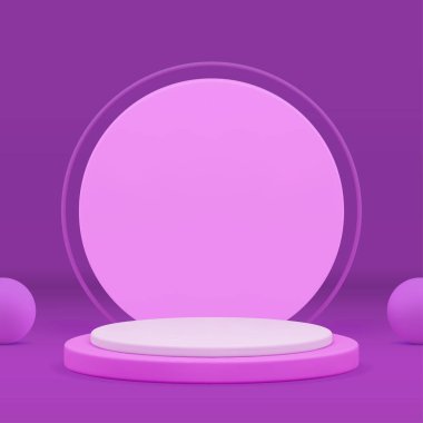 3d beyaz silindir podyum kaidesi mor görünümü gerçekçi vektör illüstrasyonu için. Mor reklam galerisi geometrik vitrini, yuvarlak duvar arkası moda standı.