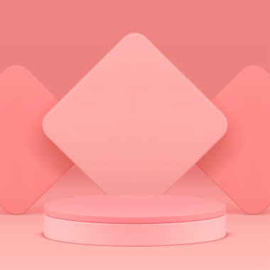Kozmetik ürün sunumu için Pembe 3d podyum kaidesi görünümü gerçekçi vektör illüstrasyonunu gösterir. Eşkenar dörtgen duvar arkaplanlı zarif kadın mağaza satış standı.