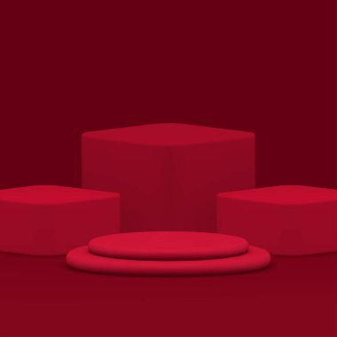 Kırmızı 3d showroom silindir podyum kaidesi geometrik görüntü gerçekçi vektör illüstrasyonu. Ürün gösterisi sunumu için küp duvar arkaplanı olan modaya uygun moda tanıtım platformu