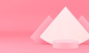 Üçgen duvar arkaplan gerçekçi vektör illüstrasyonlu pembe 3d podyum kaidesi. Zarif geometrik gösteri silindiri kozmetik güzellik ürünleri sunumu için hazırlan.