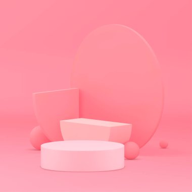 Ürün için Pembe 3d podyum kaidesi geometrik sergi salonu gerçekçi vektör illüstrasyonunu gösterir. Sunum için zarif kadın reklam vitrini ticari silindir ekran çember duvar arkaplanı