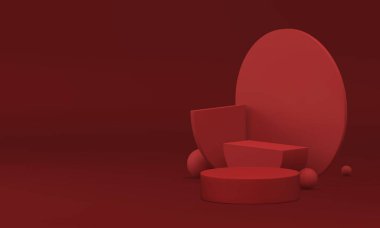 Ürün sunumu için 3d podyum kaidesi kırmızı moda görüntüsü gerçekçi vektör illüstrasyonunu gösterir. Minimalist geometrik reklam standı tanıtım vitrininde moda satış standı