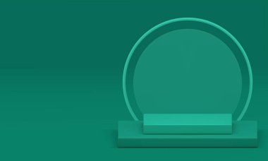 Yeşil 3d podyum kare kaidesi gerçekçi vektör illüstrasyonu için. Geometrik trend minimalist vitrin, ürün gösterimi için daire duvar arkaplanı reklam alanı