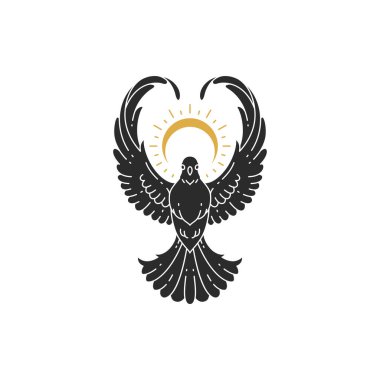 Uçan güvercin nükteli güneş eli siluet vektör çizimi. Poster ve mistik logo amblemi ya da moda baskısı için cadılık çizimi.