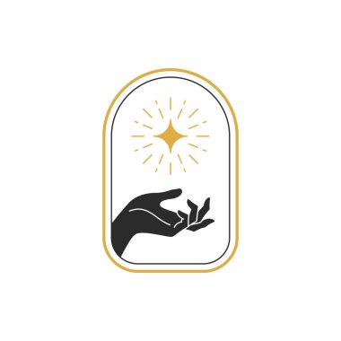 Yıldız siyah siluet vektör illüstrasyonlu kadın eli. Poster ve mistik logo amblemi ya da moda baskısı için cadılık çizimi.