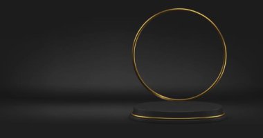 Siyah 3d sahne dairesi vakfı moda reklamları podyum ürün sunumu stüdyo arka plan gerçekçi animasyon döngüsü. Lüks kaide ödül arenası temel tasarım sergisi