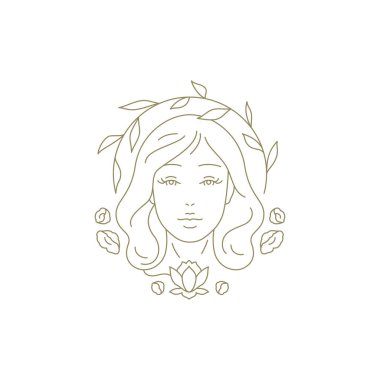 Botanik doğa bitkisi çiçekli kadın el çizimi altın doğrusal logo çizimi. Güzel kadın portresi zarif organik dal ve kaplıca cilt bakımı için minimalist ana hatları.