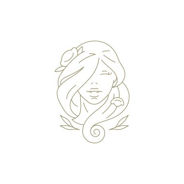 Çiçekli organik el ile romantik bir kadın yüzü çizilmiş altın çizgili sanat logosu çizimi. Güzel, zarif kadın botanik portresi sağlığın minimalist simgesi.