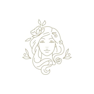 Çiçekli portresi olan güzel botanik kadını altın çizgili sanat logosu çizimi çiziyor. Zarif kadın yüzü çiçek açıyor organik bitki minimalist el güzellik salonu kuaförü için amblem çizilmiş.