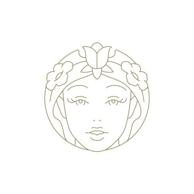 Çiçek açan botanik çiçekli kadın tek renkli daire çizen çizgili çizgili resim logosu çizimi. Çiçek açan zarif kadın portresi doğal bitki minimalist ana hatlı amblem tasarımı