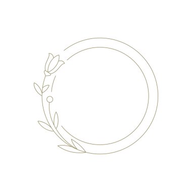 Logo vektör illüstrasyonu için lale çiçeği çizgisi dekoratif unsurlu tek renkli daire çerçeve. Zarif amblem tasarımı için minimalist el çizimi sınır çiçekli bitki dekoru