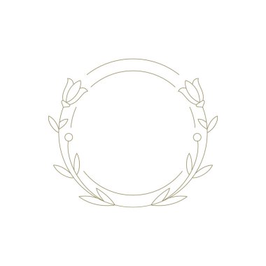 Logo vektör illüstrasyonu için zarif lale çiçeği minimalist çizgi sanat dekor elementi içeren botanik daire çerçevesi. Tek renkli kenarlık çiçekleri. Davetiye amblemi için dekoratif tasarım.