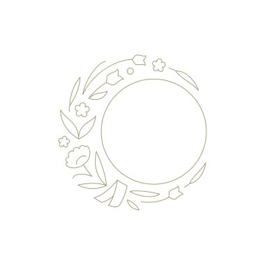 Logo vektör illüstrasyonu için tek renkli romantik botanik yuvarlak çerçeve altın doğrusal dekoratif element. Minimalist zarif botanik çiçek çemberi sınır çizgisi sanat dekoru basit amblem tasarımı