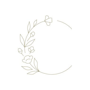 Logo vektör illüstrasyonu için el çizimi sanat çerçeveli bitki çiçeği çelengi. Doğal bitki dekoru çember sınır basit amblem tasarımı ile çiçek açan zarif bir chaplet.