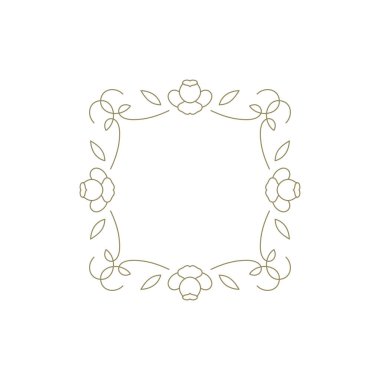 Flourish retro eğimli süslemeli kare çerçeve el çizimi logo vektör illüstrasyonu için sanat altın dekor elementi. Botanik çiçeği basit amblemler için zarif lüks tek renk tasarımı sınırında