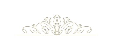 Tasarım vektörü illüstrasyonu için botanik çiçek desenli altın bölücü. Monokrom, klasik sınır dekorasyonu minimalist botanik logo amblemi oluşturur.