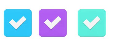 Kontrol işareti kabul edildi kare düğmesi pozitif çözüm doğru doğrulama 3d simgesi gerçekçi vektör illüstrasyonu. İşaretleme kutusu başarı oyu sağ başarı tam anket sonuç seçimi