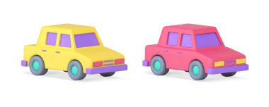 Yolcu taşımacılığı için otomobil hız motorlu araç motoru şehir hareketi 3d simgesi gerçekçi vektör illüstrasyonunu ayarladı. Otomotiv sedanı, far tamponu ve tekerleği olan zarif bir otomobil.