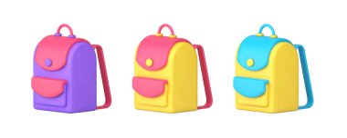 Okul çantası valizinde cepler ve 3d izometrik ikon gerçekçi vektör illüstrasyonu var. Okul çantası öğrencisi sırt çantalı açık hava aktiviteleri moda aksesuarı.