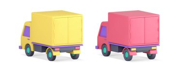 Konteynır kargo taşımacılığı ile kamyon van kurye otomobili geri görüş 3d ikonu gerçekçi vektör illüstrasyonunu ayarlayın. Kamyon posta taşımacılığı kişisel eşyaları çevrimiçi alışveriş siparişi