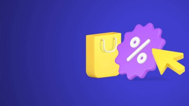Sarı ok, kağıt alışveriş torbası ve 3d simge şablonu çizimi ile sezonluk indirime işaret ediyor. Kara Cuma perakende ticaret bildirimi izometrik tasarım uyarısı