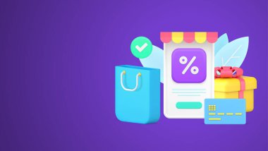 Market pazarı perakende satış yüzdesi etiketli 3d simge şablonu çiziminde başarılı bir satın alma başarısı. Kara Cuma alışverişi. Kredi kartı ve hediye kutusuyla.