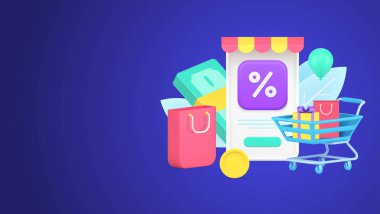 Kağıt alışveriş çantası, tramvay, hediye kutusu, hediye paketi, mevcut ve nakit para yığını 3d izometrik vektör illüstrasyonlu pazar indirimi menüsü. Hava balonlarıyla izole edilmiş Kara Cuma alışverişi