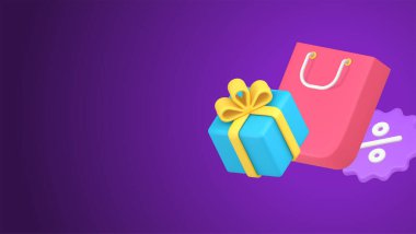 Kara Cuma, mevsimlik satış, yüzde etiketli 3d renkli şablon izometrik vektör çizimi indirimi. Karton hediye kutusu ve izole edilmiş alışveriş çantası olan şenlikli perakende mal.