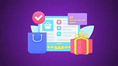 İnternetten alışveriş başarılı bir şekilde dizüstü bilgisayar web sitesi hediye kutusu 3d ikon şablonu izometrik vektör illüstrasyonuyla mal satın aldı. Sanal alemde satın alma ve ödeme izole edildi