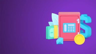 Metal kasa, şifreli kilit, nakit para, bozuk para ve mücevher renkli 3D ikon, izometrik vektör çizimi. Banka güvenliği tasarruf bütçesi korumasını izole etti