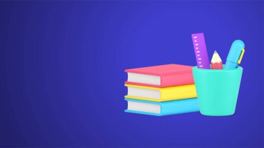 Eğitim ödevi bilgisi kitap yığınını ve kalem tutacağı gerçekçi 3d ikon vektör illüstrasyonunda kırtasiyeyi öğreniyor. Mezuniyet bilgilerine geri dönelim üniversite dersleri çalışalım.