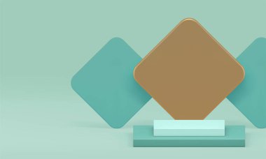 3d geometrik podyum yeşil kare standı ile altın eşkenar dörtgen duvar arkaplan gerçekçi vektör çizimi. Lüks, zarif reklam gösterimi, basamak, şekil oluşturma sunumu için iç mekan