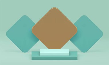 3D yeşil podyum kaidesi eşkenar dörtgen duvar arka plan gerçekçi vektör illüstrasyonuyla. Ürün için modaya uygun altın platform geometrik şekil sunum için ticari sahneyi gösterir
